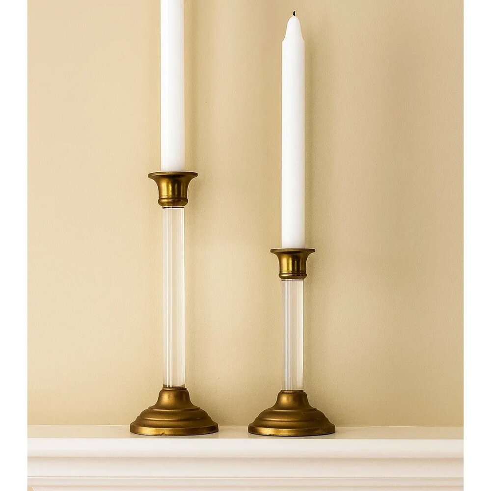 Vintage Lucite & Brass Round Candlesticks Set Taper Candle Holders 9" & 6.5"